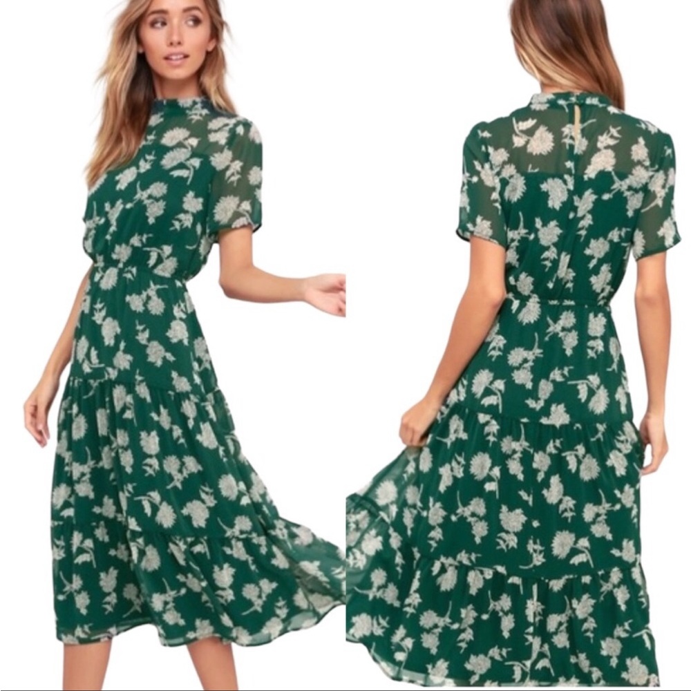 Lulu's Womens Midi Spring Green Dress Top Wedding Guest Floral Green Medium